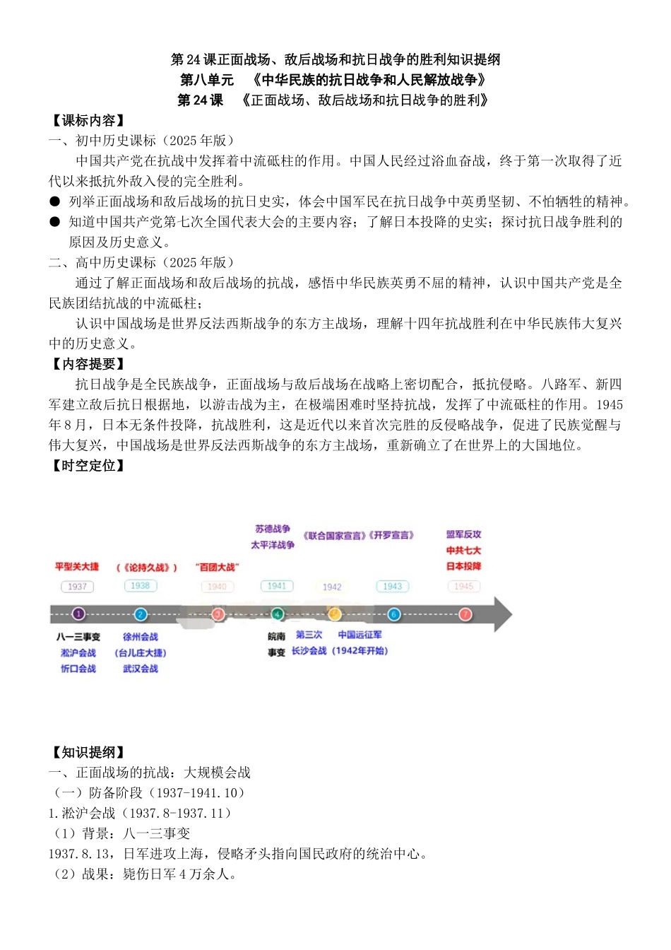 第24课正面战场、敌后战场和抗日战争的胜利知识提纲_第1页