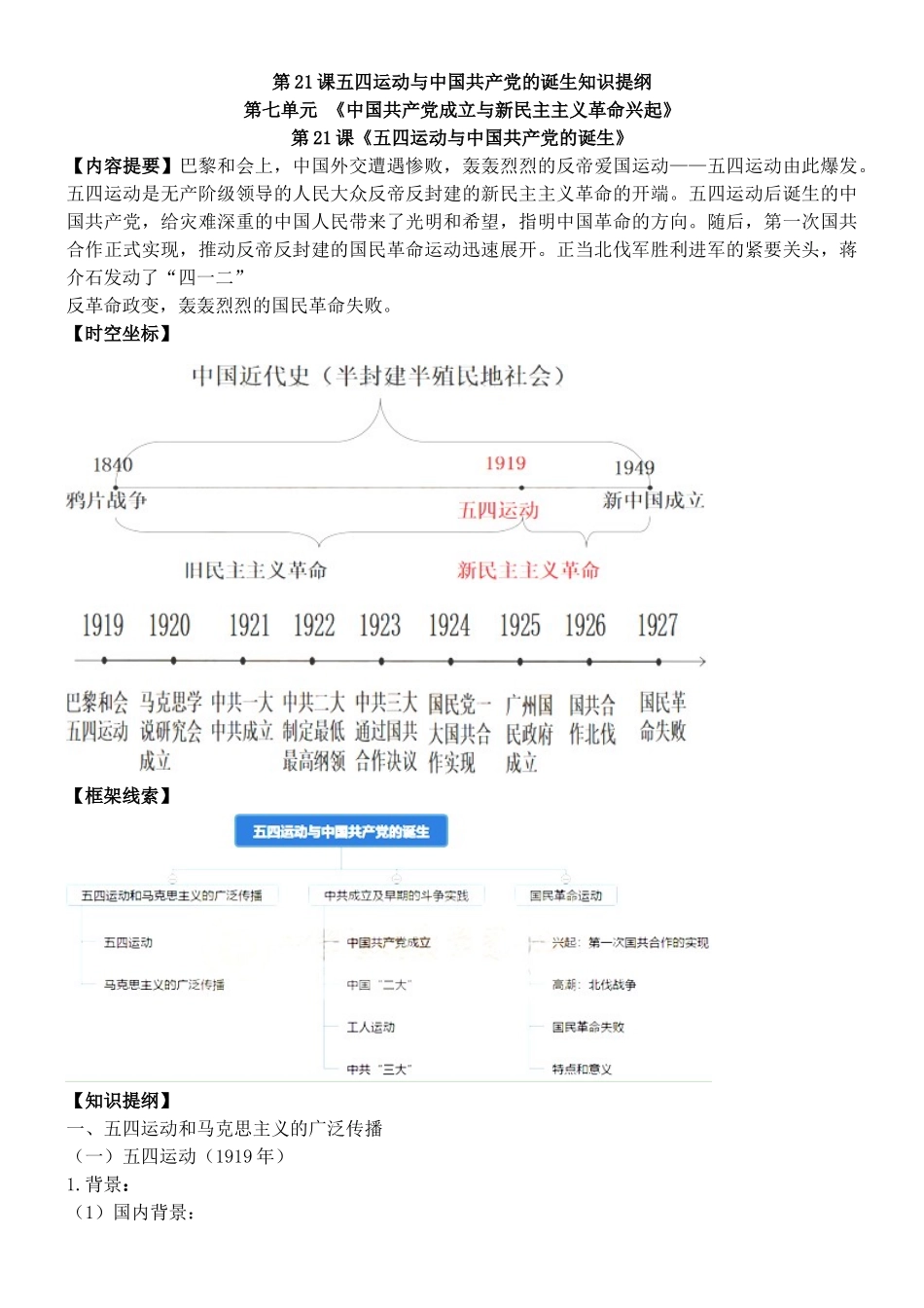 第21课五四运动与中国共产党的诞生知识提纲_第1页