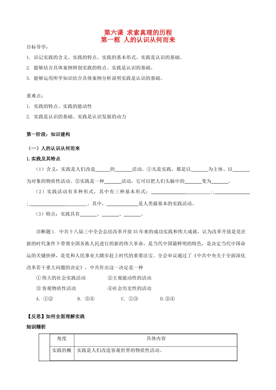 湖北省2015届高考政治一轮复习 第二单元 第六课 第一框 人的认识从何而来导学案_第1页