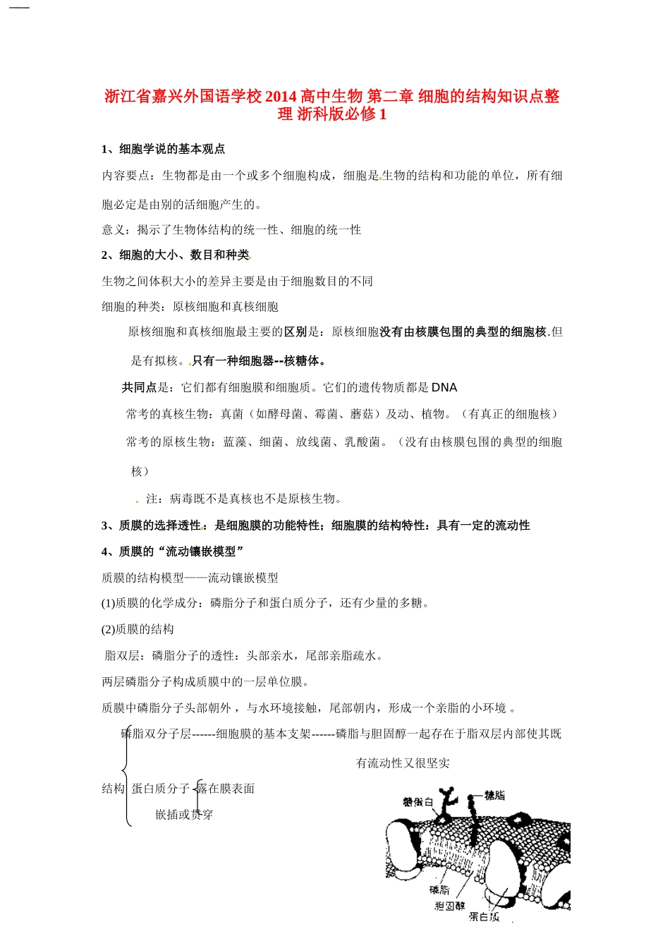 浙江省嘉兴外国语学校2014高中生物 第二章 细胞的结构知识点整理 浙科版必修1_第1页