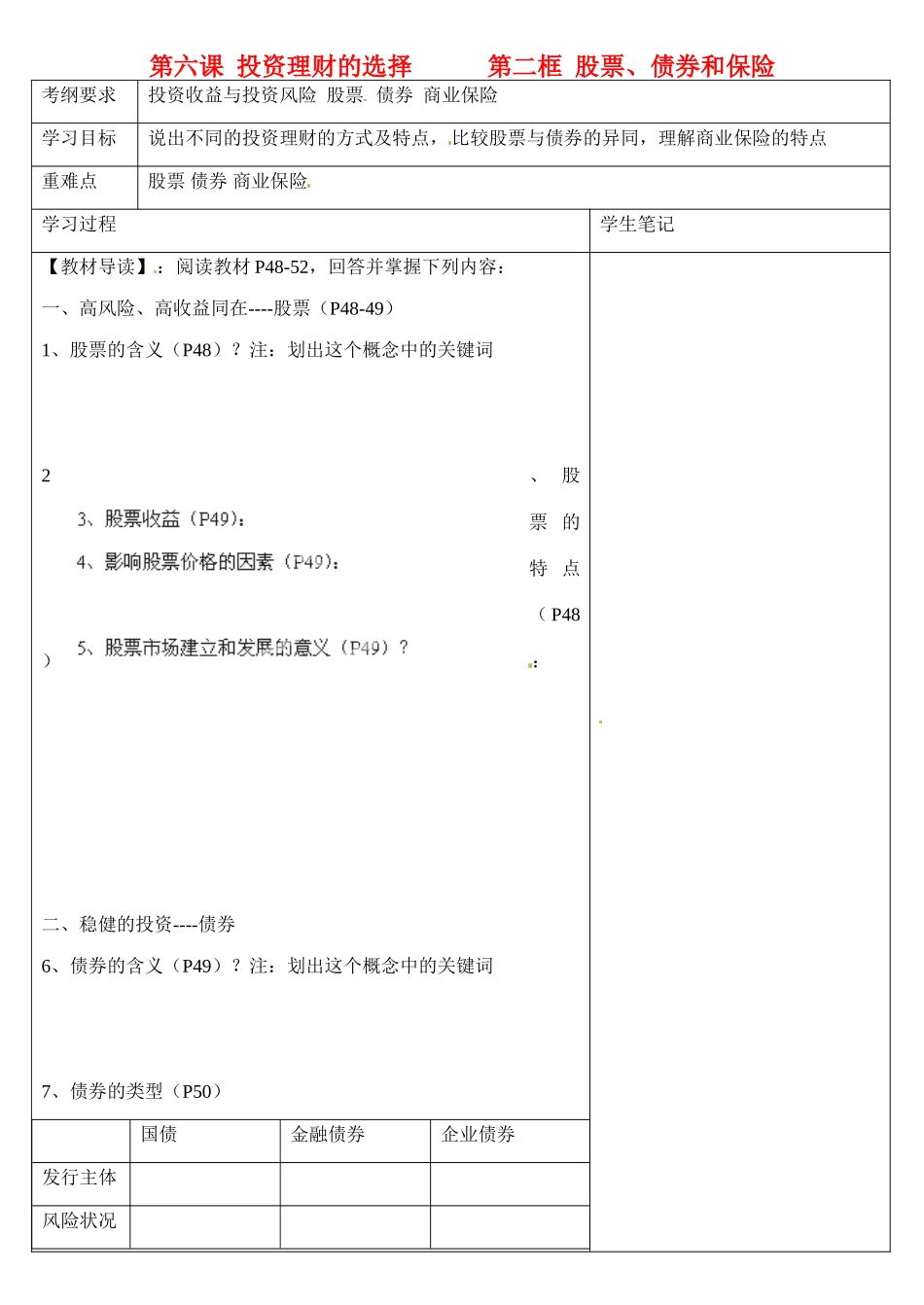 浙江省乐清市第二中学高一政治 第六课 投资理财的选择 第二框 股票、债券和保险导学案 新人教版_第1页