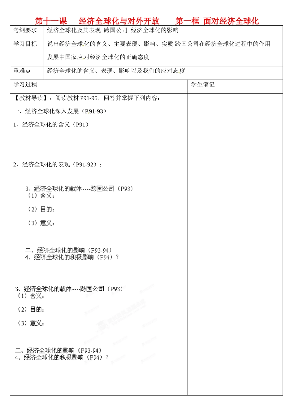 浙江省乐清市第二中学高一政治 第十一课 经济全球化与对外开放 第一框 面对经济全球化导学案 新人教版_第1页