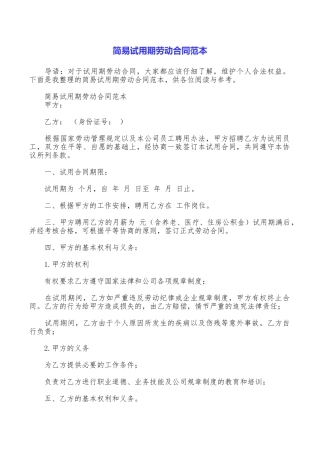 简易试用期劳动合同范本