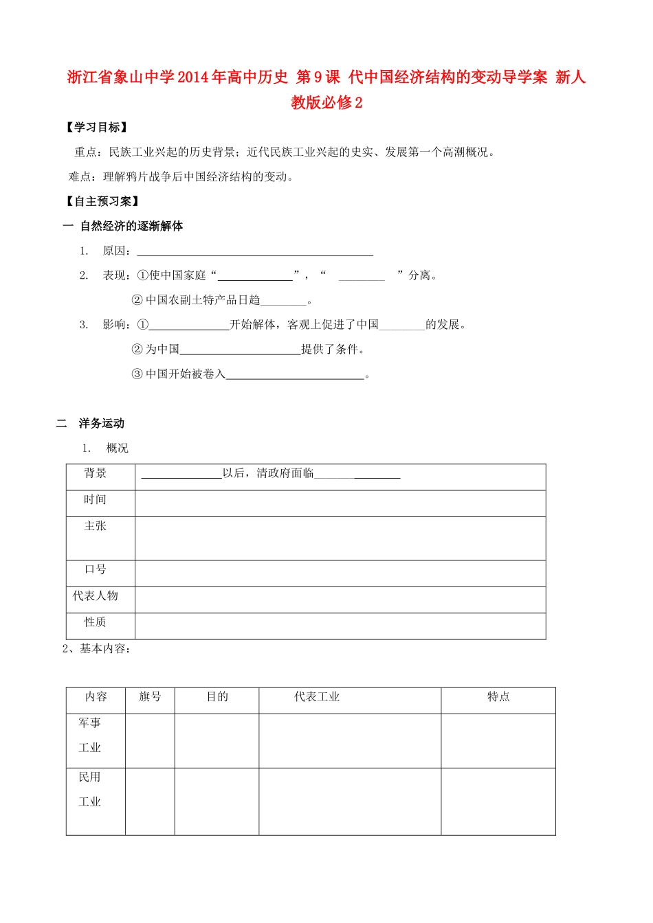 浙江省象山中学2014年高中历史 第9课 代中国经济结构的变动导学案 新人教版必修2_第1页
