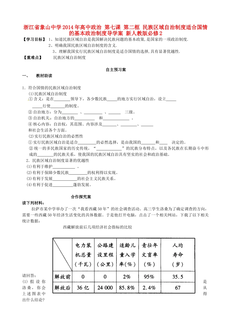 浙江省象山中学2014年高中政治 第七课 第二框 民族区域自治制度适合国情的基本政治制度导学案 新人教版必修2_第1页