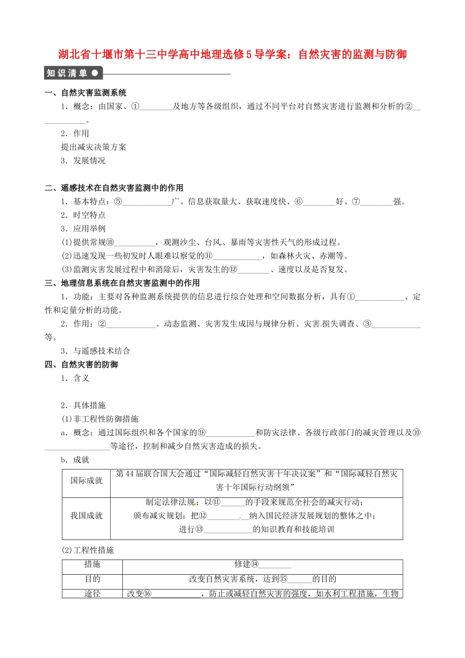 湖北省十堰市第十三中学高中地理 自然灾害的监测与防御导学案 新人教版选修5_第1页