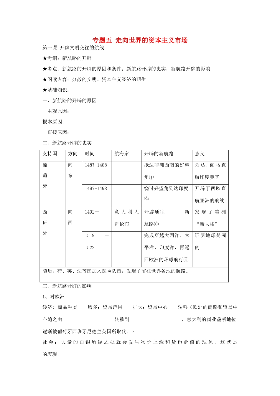 浙江省镇海中学2013届高考历史一轮复习 专题五 走向世界的资本主义市场学案 人民版必修2_第1页
