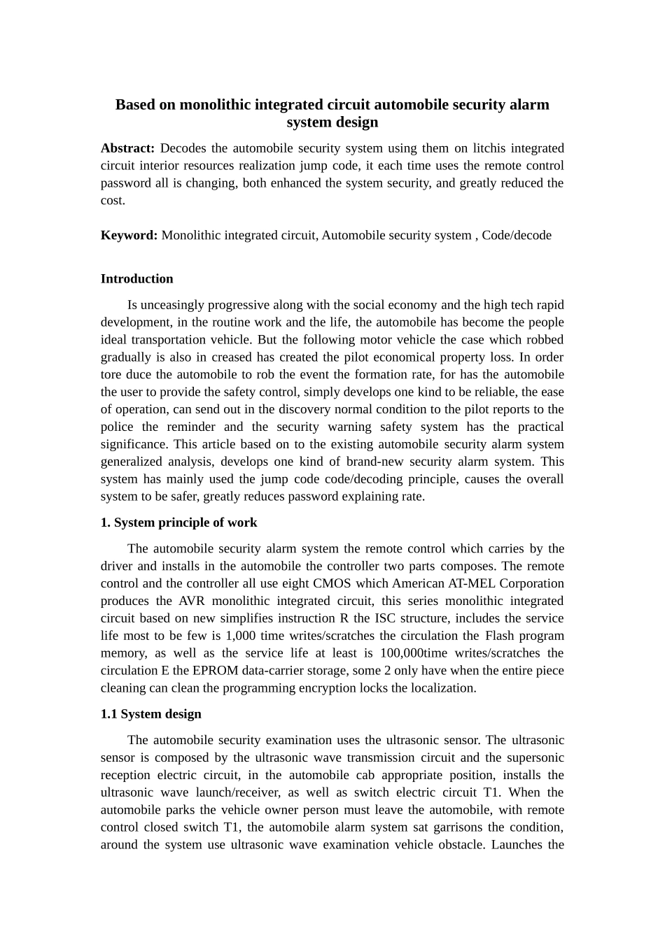精品中英文外文翻译基于单片机的汽车防盗报警系统设计定_第1页