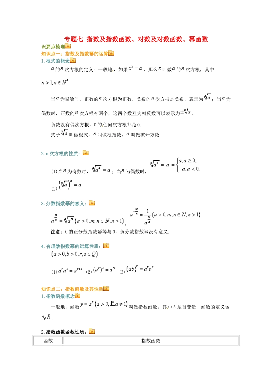 浙江省建德市育才高级中学高考数学一轮复习 专题七 指数及指数函数、对数及对数函数、幂函数学案 _第1页