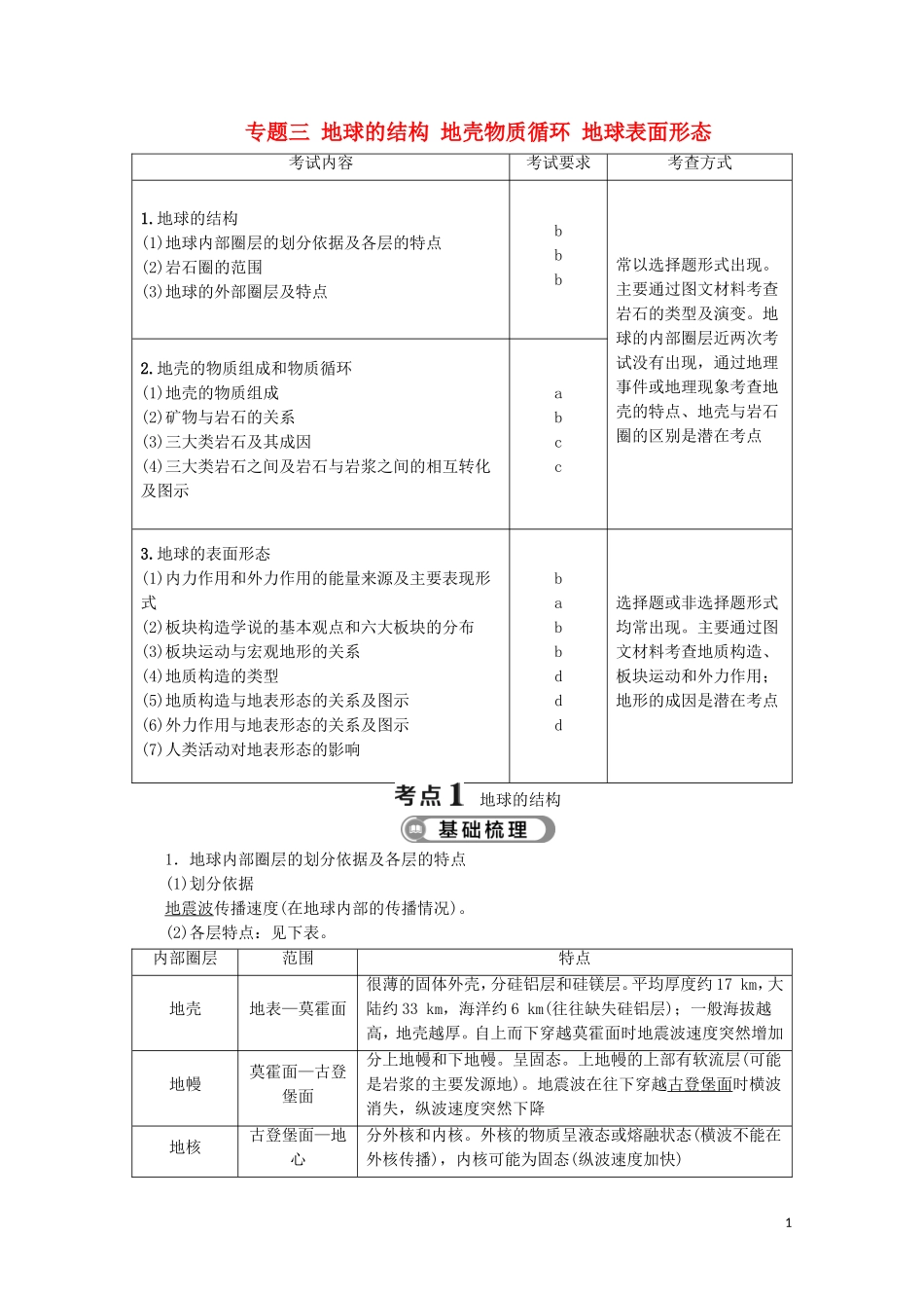 浙江省高考地理二轮复习 专题三 地球的结构 地壳物质循环 地球表面形态教案-人教版高三全册地理教案_第1页