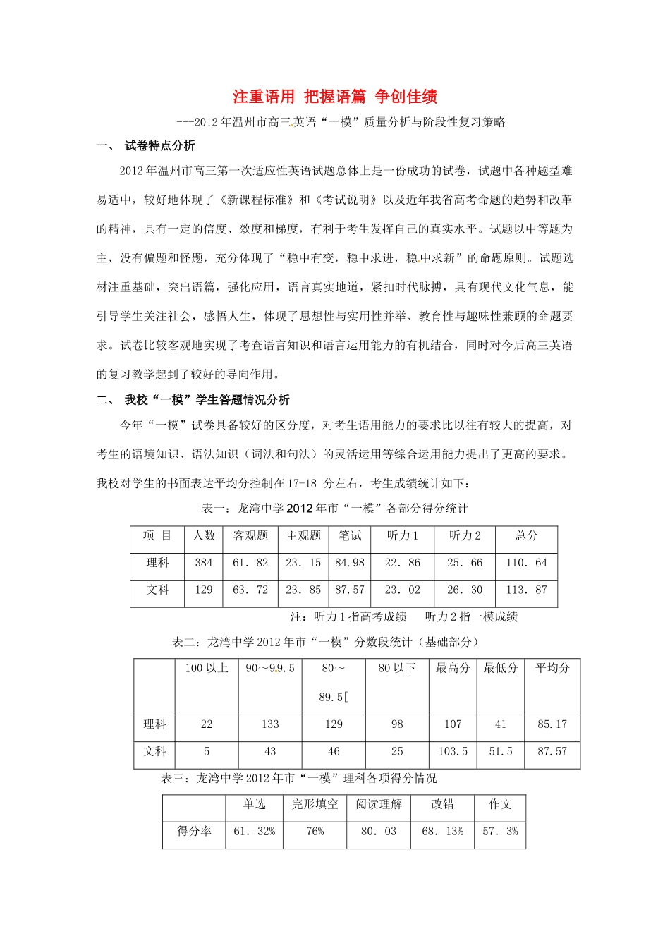 浙江省温州市2012年高三英语一模分析交流文稿 5、注重语用 把握语篇 争创佳绩.（一类）_第1页