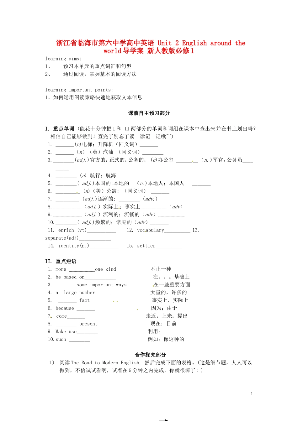 浙江省临海市第六中学高中英语 Unit 2 English around the world导学案 新人教版必修1_第1页