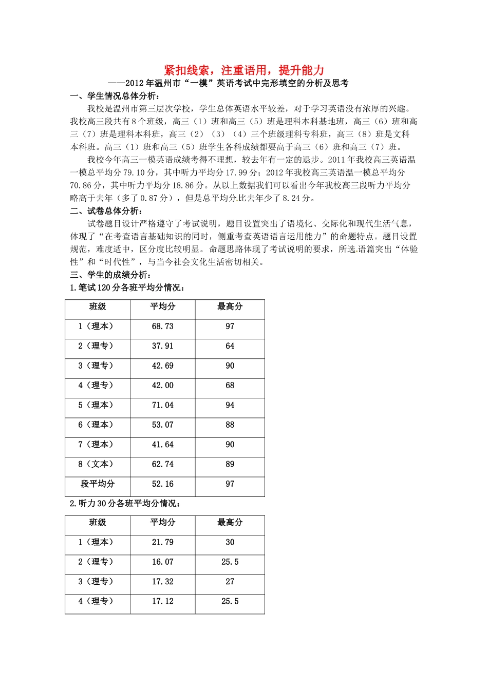 浙江省温州市2012年高三英语一模分析交流文稿 13、紧扣线索，注重语用，提升能力  （三类）_第1页