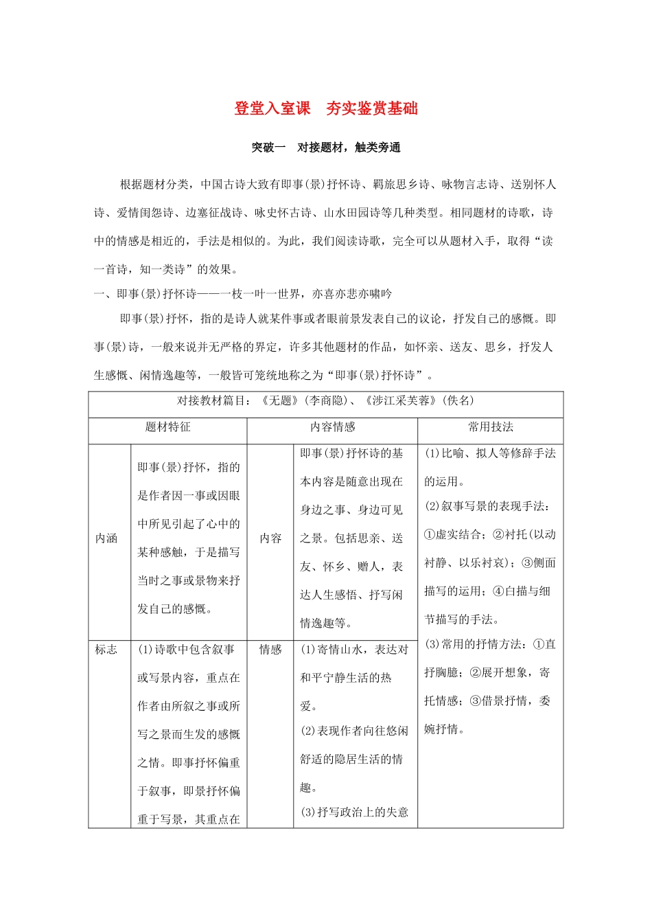 浙江省高考语文一轮复习 第三部分 古代诗文阅读 专题二 诗歌 登堂入室课 夯实鉴赏基础学案-人教版高三全册语文学案_第1页