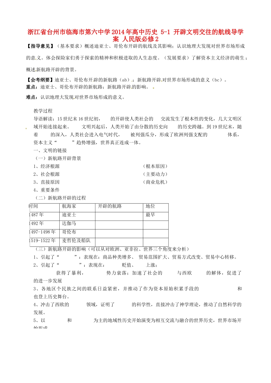 浙江省台州市临海市第六中学2014年高中历史 5-1 开辟文明交往的航线导学案 人民版必修2_第1页