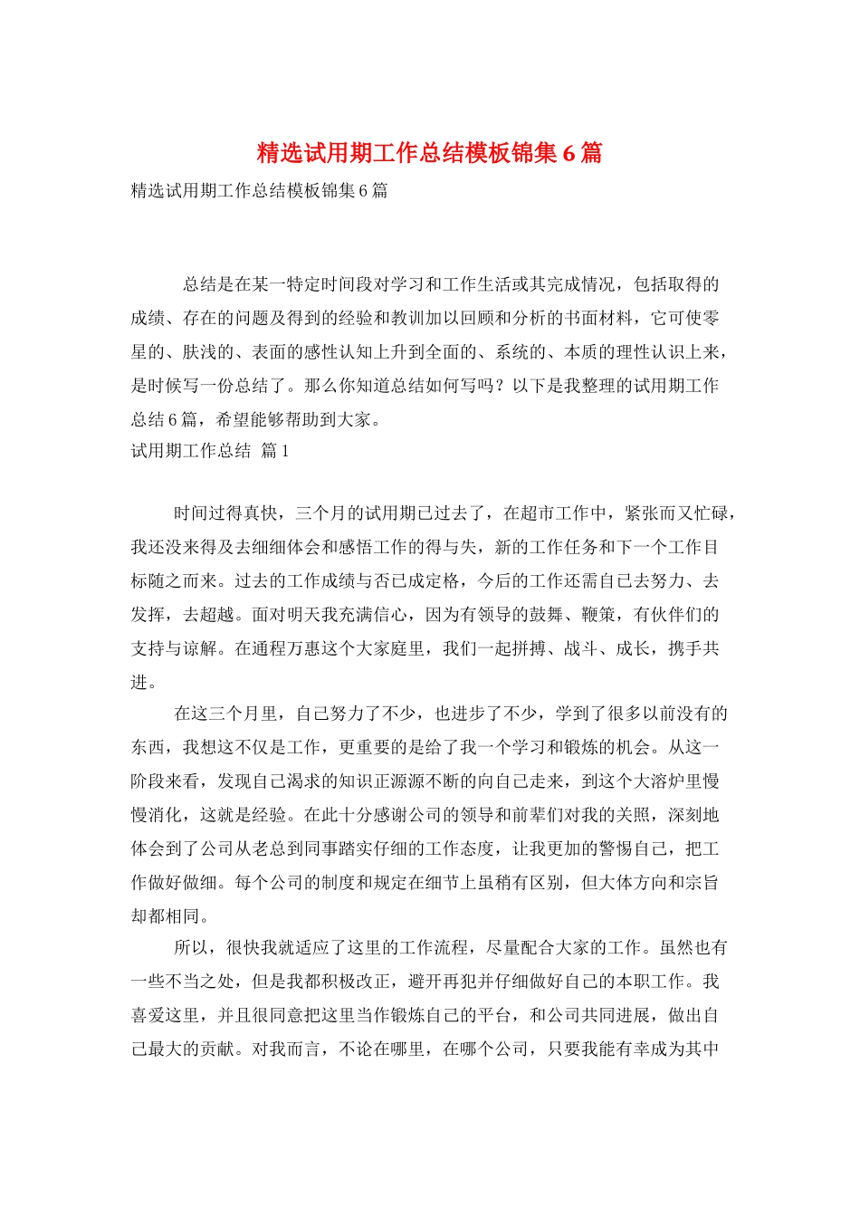 精选试用期工作总结模板锦集6篇_第1页