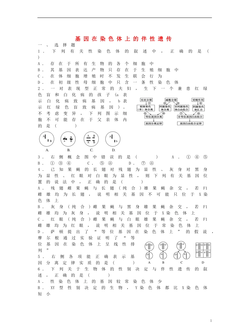 湖北省监利县第一中学2015届高三生物一轮复习 基因在染色体上和伴性遗传试题_第1页