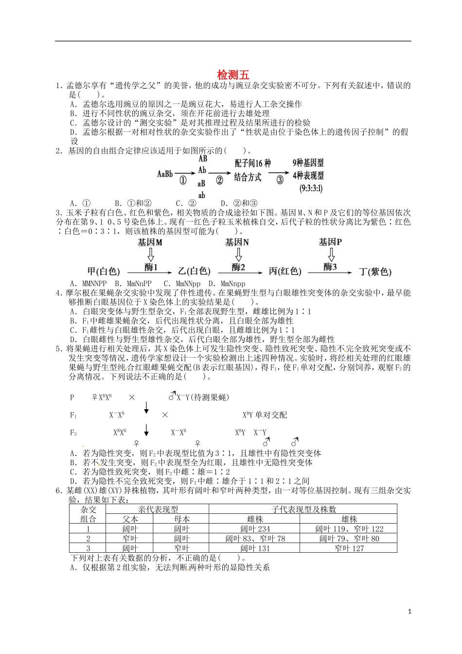 湖北省监利县第一中学2015届高三生物一轮复习 检测五_第1页