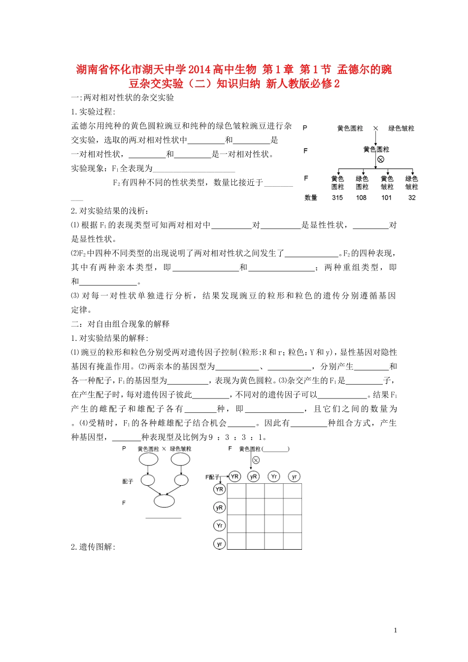 湖南省怀化市湖天中学2014高中生物 第1章 第1节 孟德尔的豌豆杂交实验（二）知识归纳 新人教版必修2_第1页