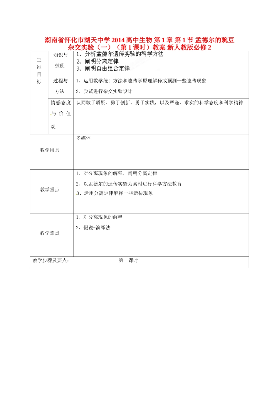 湖南省怀化市湖天中学2014高中生物 第1章 第1节 孟德尔的豌豆杂交实验（一）（第1课时）教案 新人教版必修2_第1页