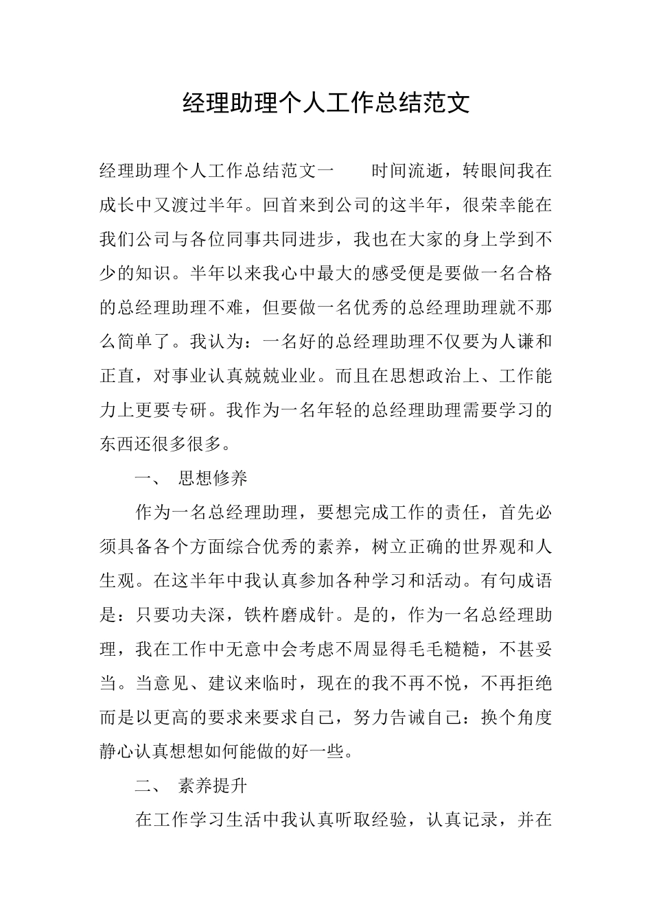 经理助理个人工作总结范文_第1页