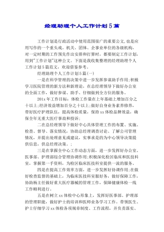 经理助理个人工作计划5篇
