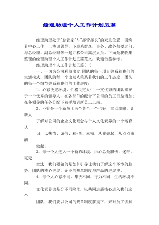 经理助理个人工作计划五篇
