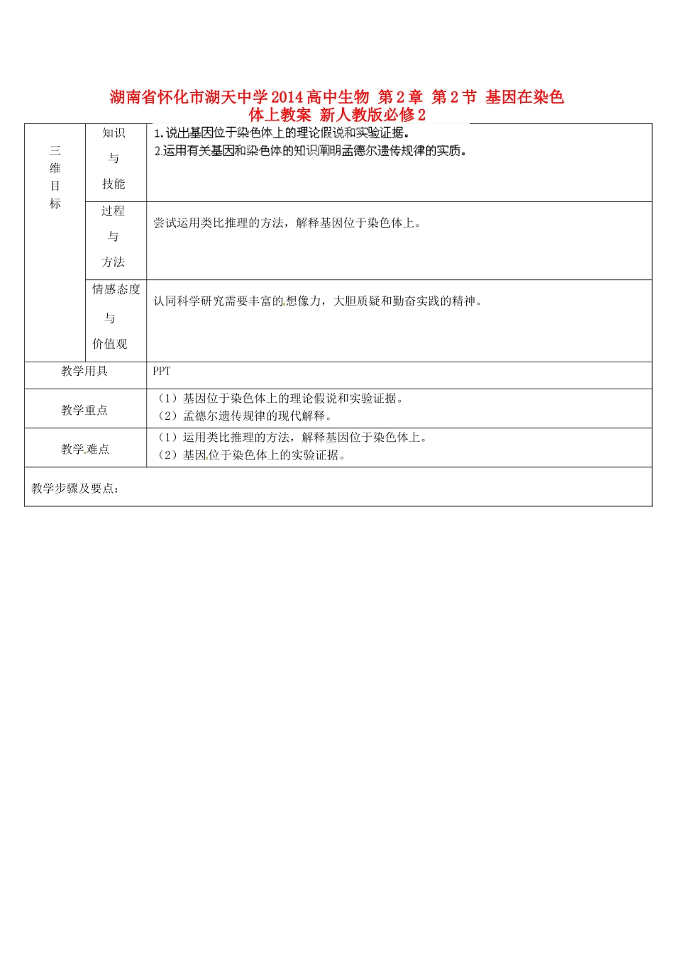 湖南省怀化市湖天中学2014高中生物 第2章 第2节 基因在染色体上教案 新人教版必修2_第1页