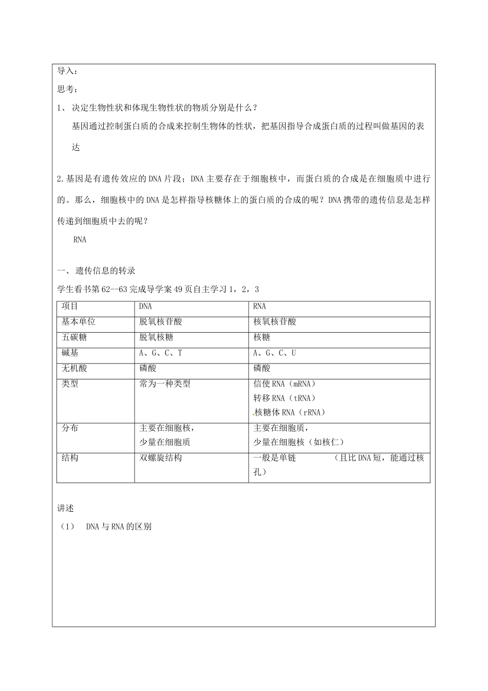 湖南省怀化市湖天中学2014高中生物 第4章 第1节 基因指导蛋白质的合成教案 新人教版必修2_第2页