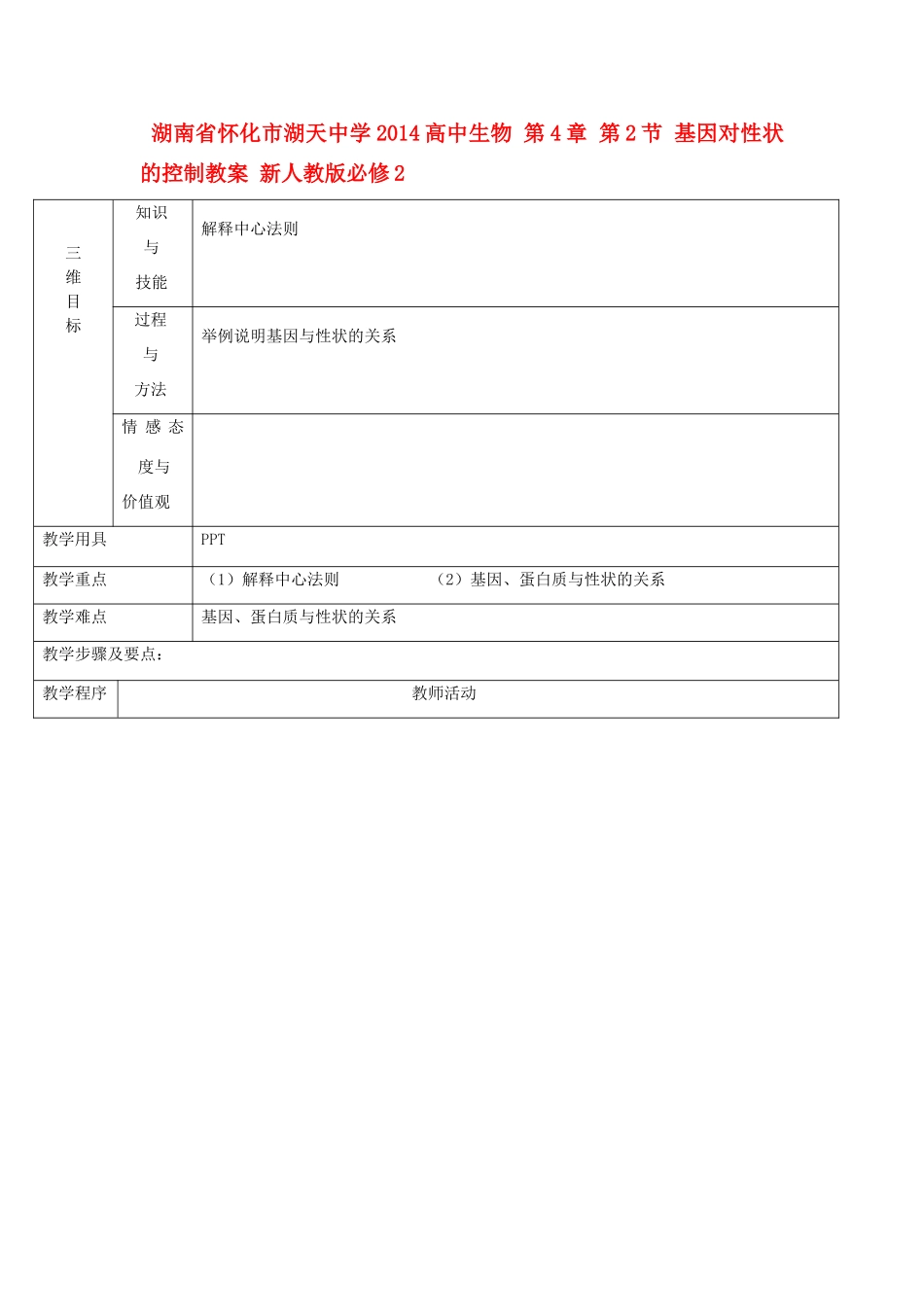 湖南省怀化市湖天中学2014高中生物 第4章 第2节 基因对性状的控制教案 新人教版必修2_第1页