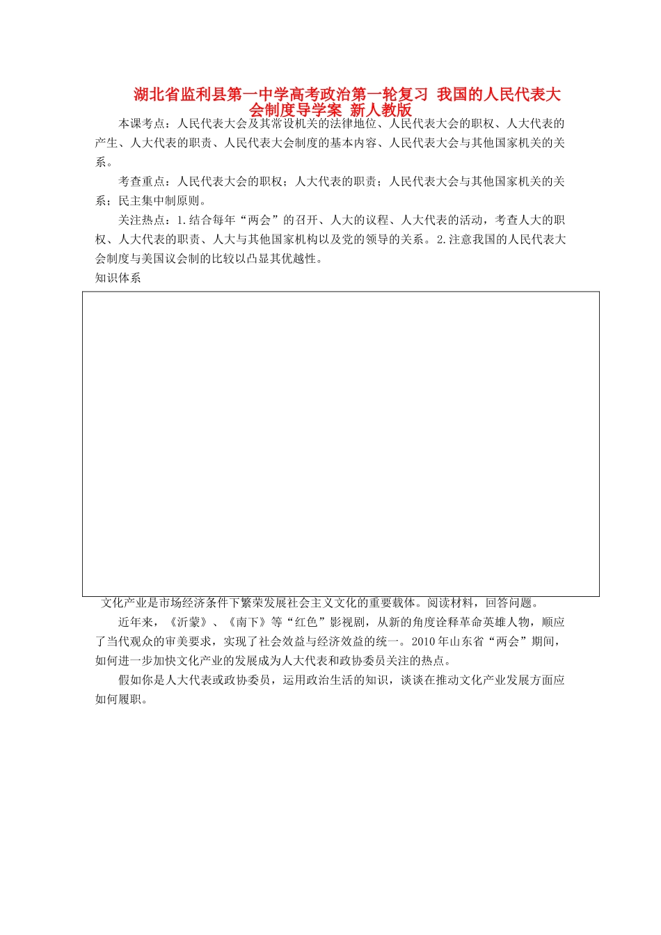 湖北省监利县第一中学高考政治第一轮复习 我国的人民代表大会制度导学案 新人教版_第1页
