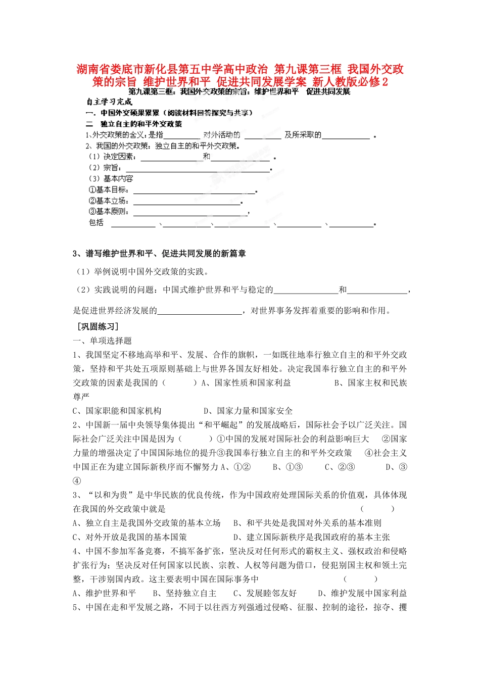 湖南省娄底市新化县第五中学高中政治 第九课第三框 我国外交政策的宗旨 维护世界和平 促进共同发展学案 新人教版必修2_第1页
