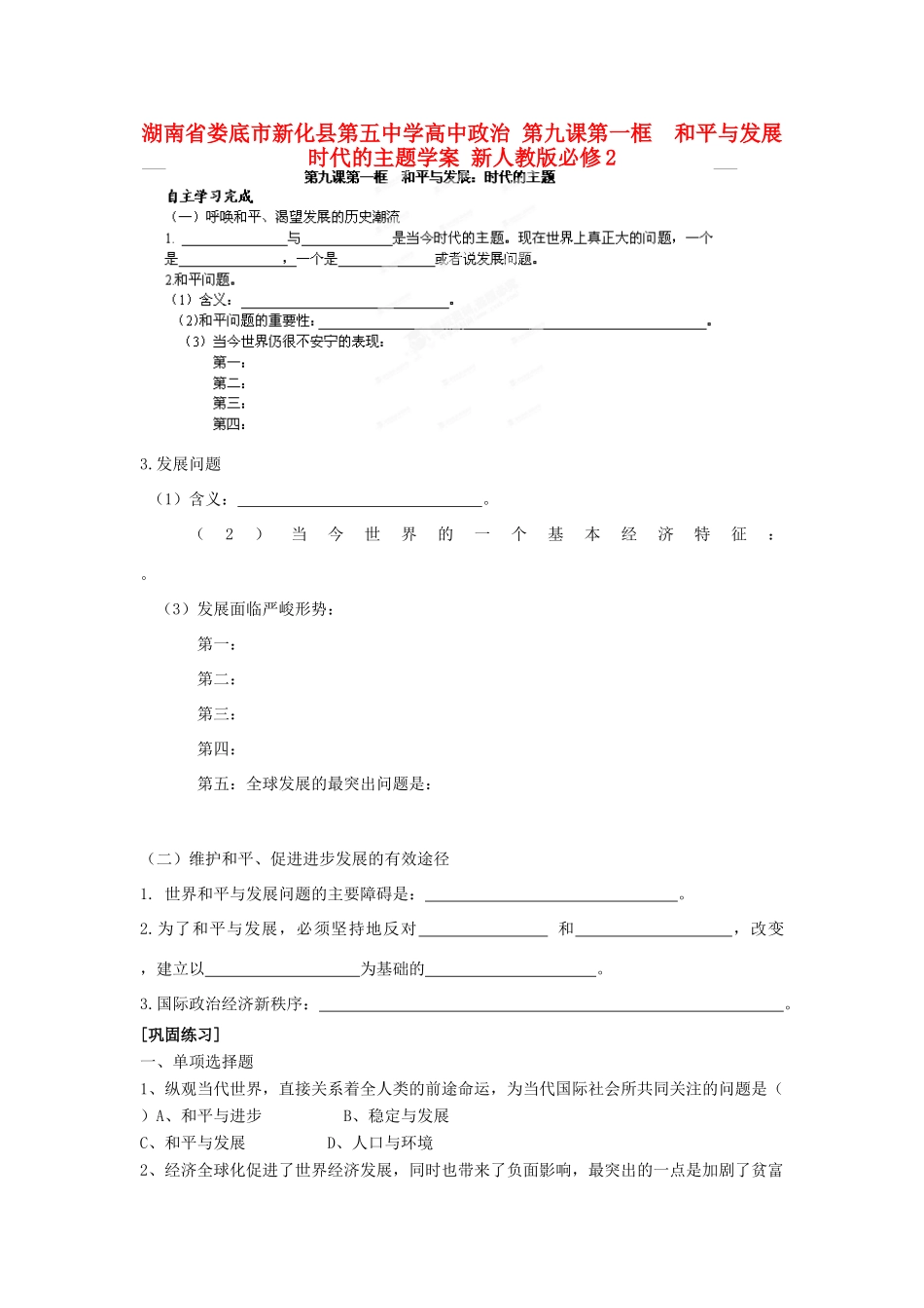 湖南省娄底市新化县第五中学高中政治 第九课第一框  和平与发展时代的主题学案 新人教版必修2_第1页