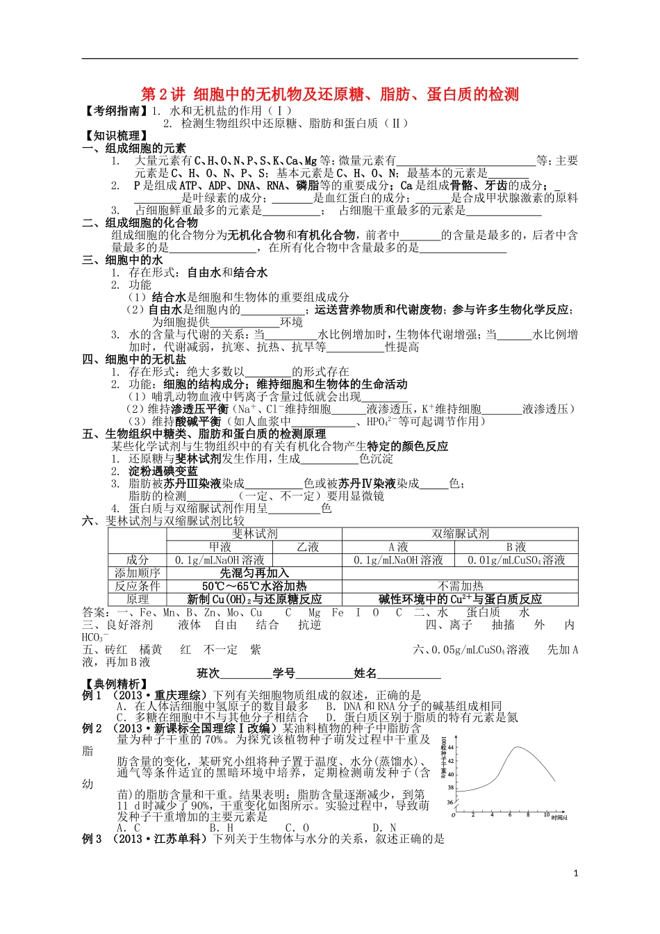 湖南省宁乡四中2014届高考生物第一轮复习 第2讲 细胞中的无机物及还原糖、脂肪、蛋白质的检测学案_第1页