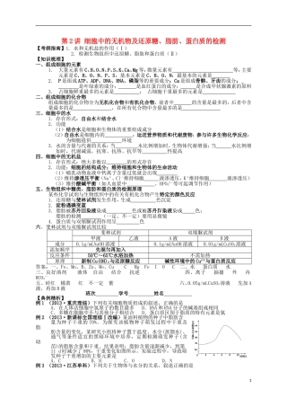 湖南省宁乡四中2014届高考生物第一轮复习 第2讲 细胞中的无机物及还原糖、脂肪、蛋白质的检测学案