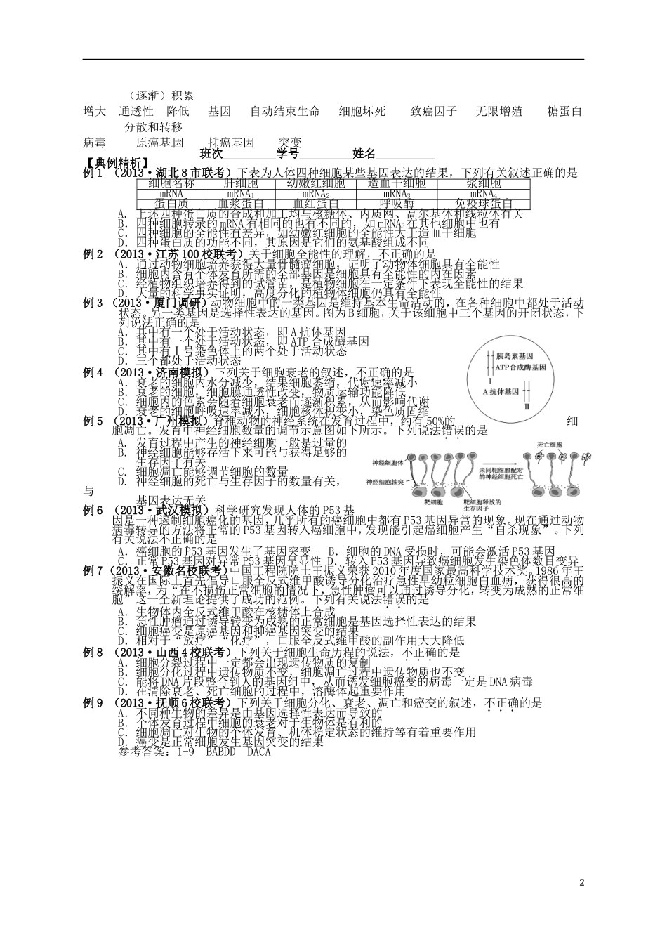 湖南省宁乡四中2014届高考生物第一轮复习 第12讲 细胞的分化、衰老、凋亡和癌变学案_第2页