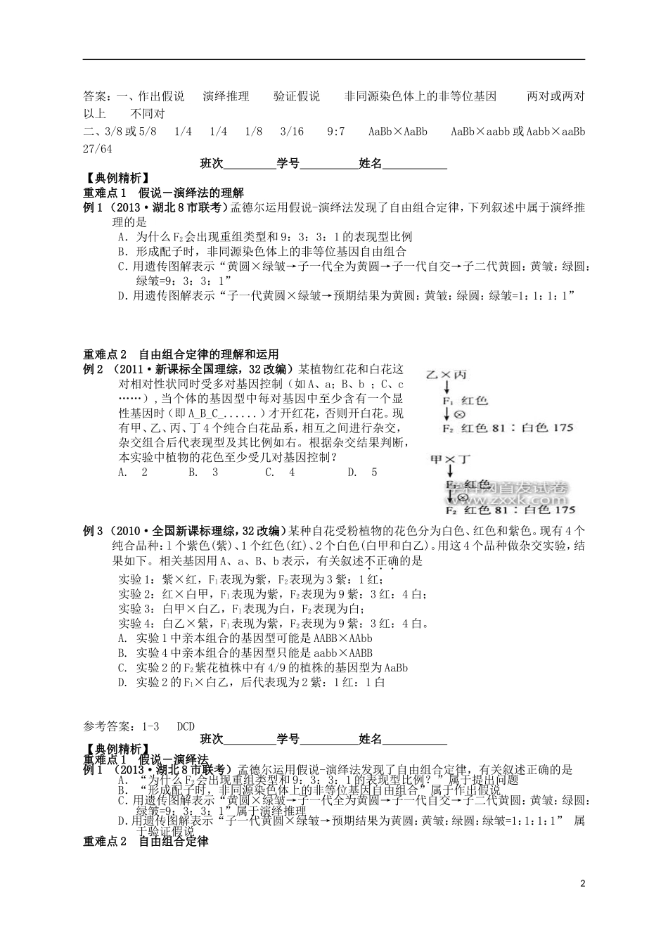 湖南省宁乡四中2014届高考生物第一轮复习 第14讲 第二课时 孟德尔的豌豆杂交实验（二）学案_第2页