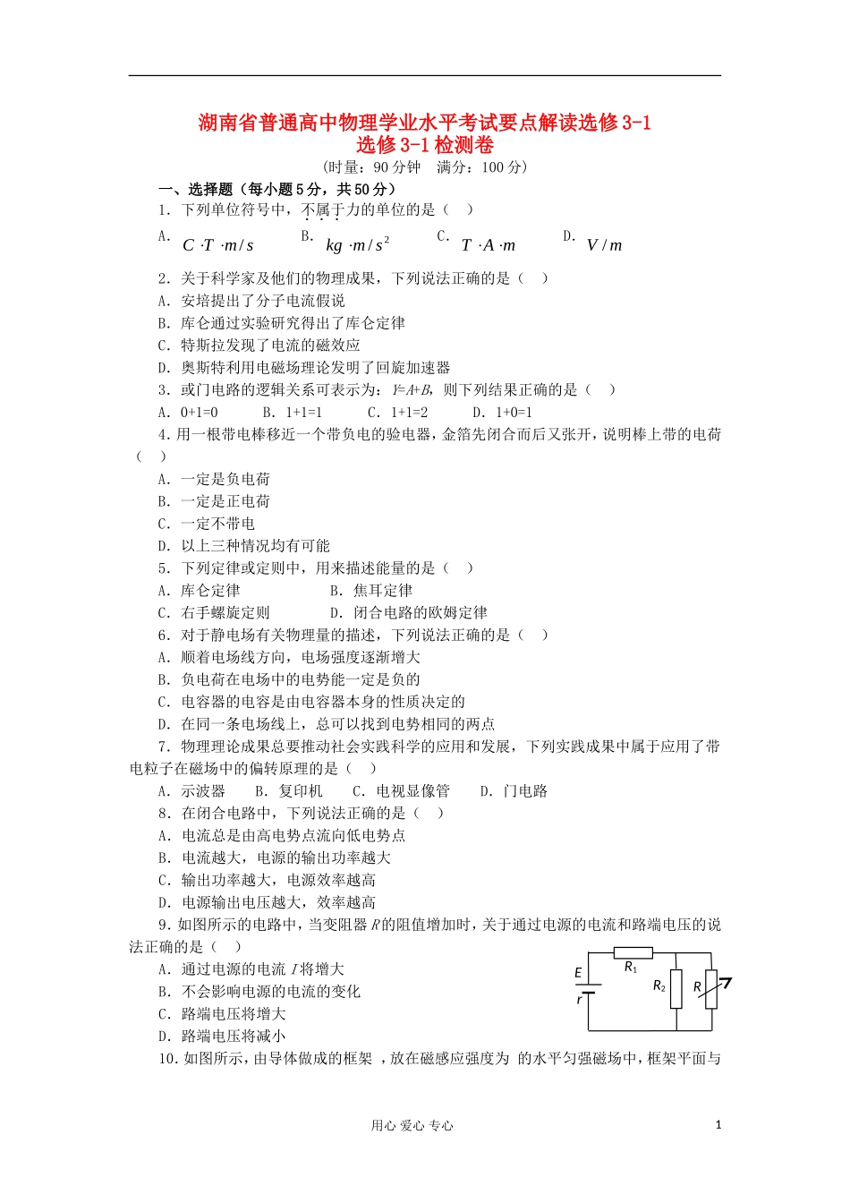 湖南省普通高中高中物理 学业水平考试要点解读与检测：检测卷 选修3-1_第1页
