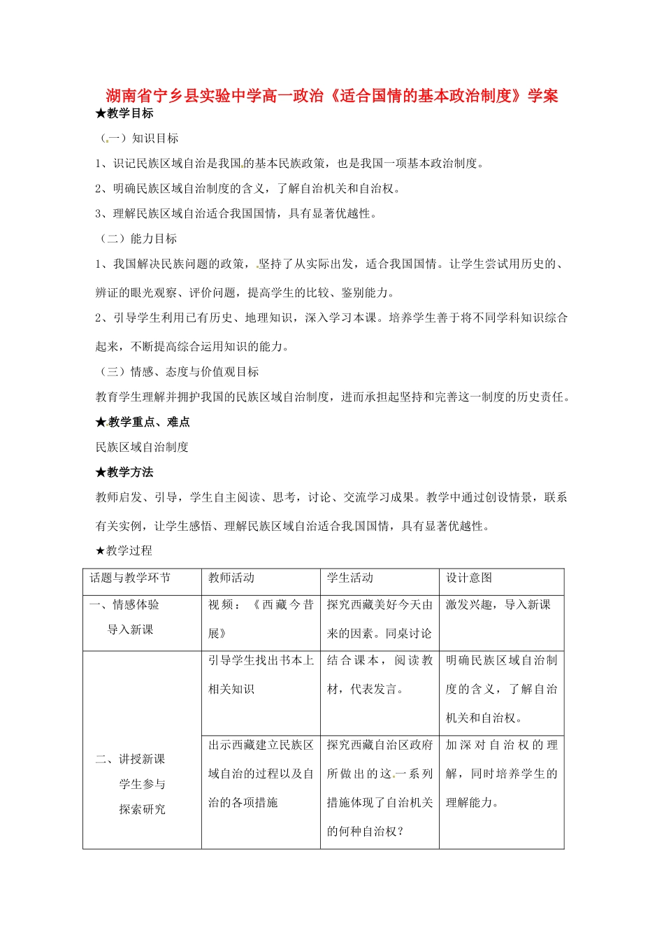 湖南省宁乡县实验中学高一政治《适合国情的基本政治制度》学案_第1页