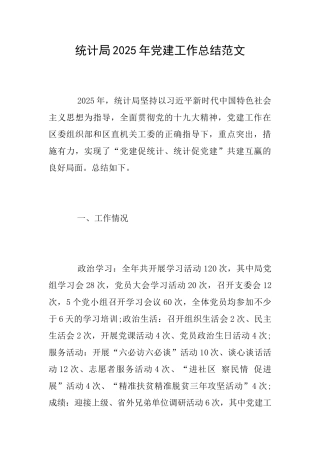 统计局2025年党建工作总结范文