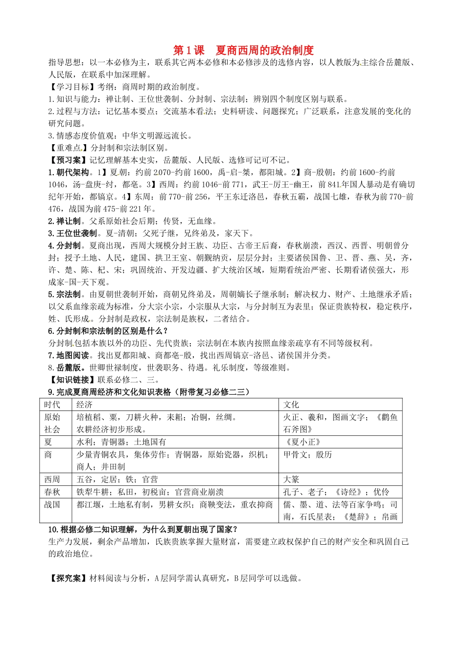 湖北省武汉开发区一中2014届高考历史复习 第1课夏商西周的政治制度导学案 新人教版 新人教版必修1_第1页