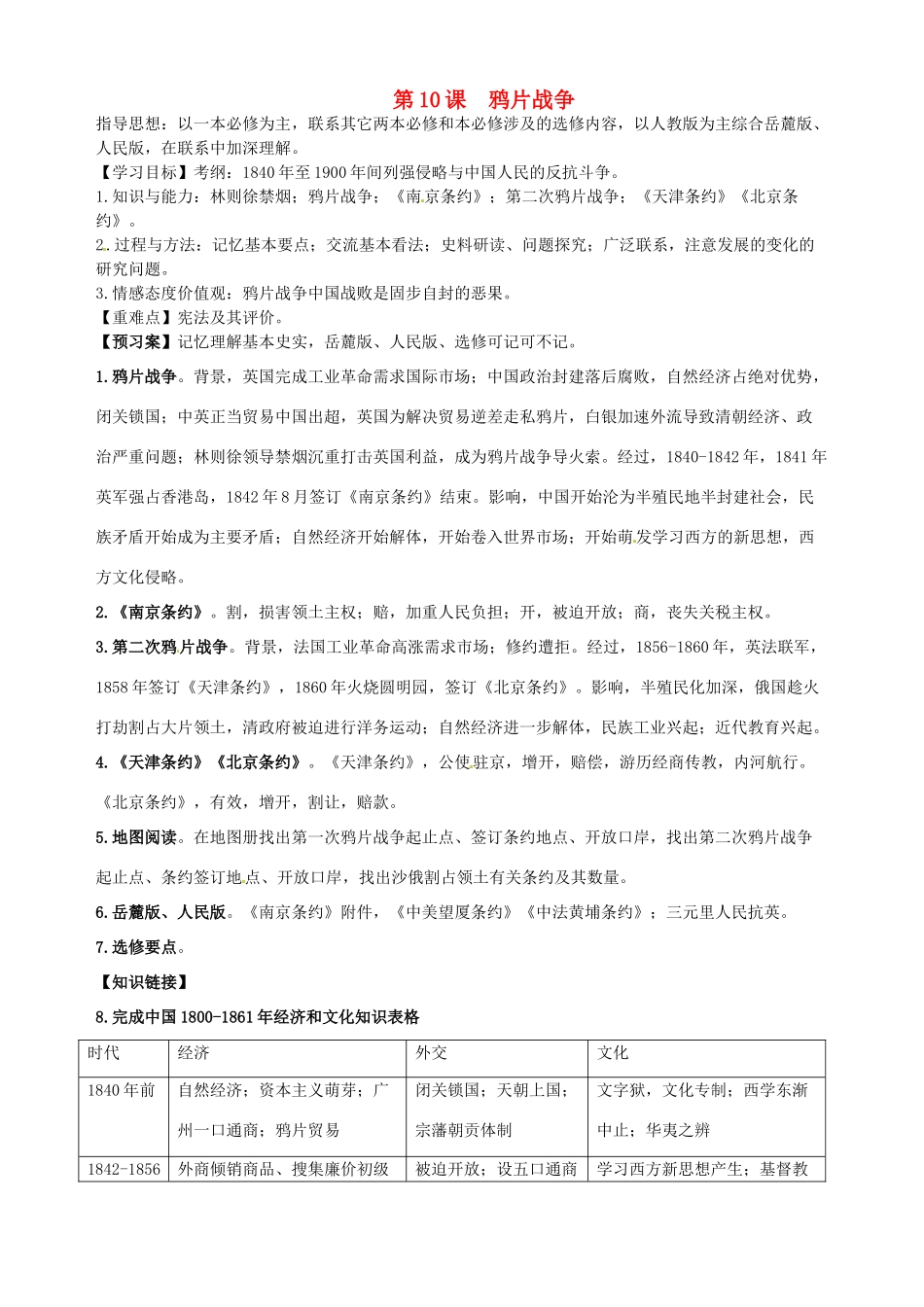 湖北省武汉开发区一中2014届高考历史复习 第10课鸦片战争导学案 新人教版必修1_第1页