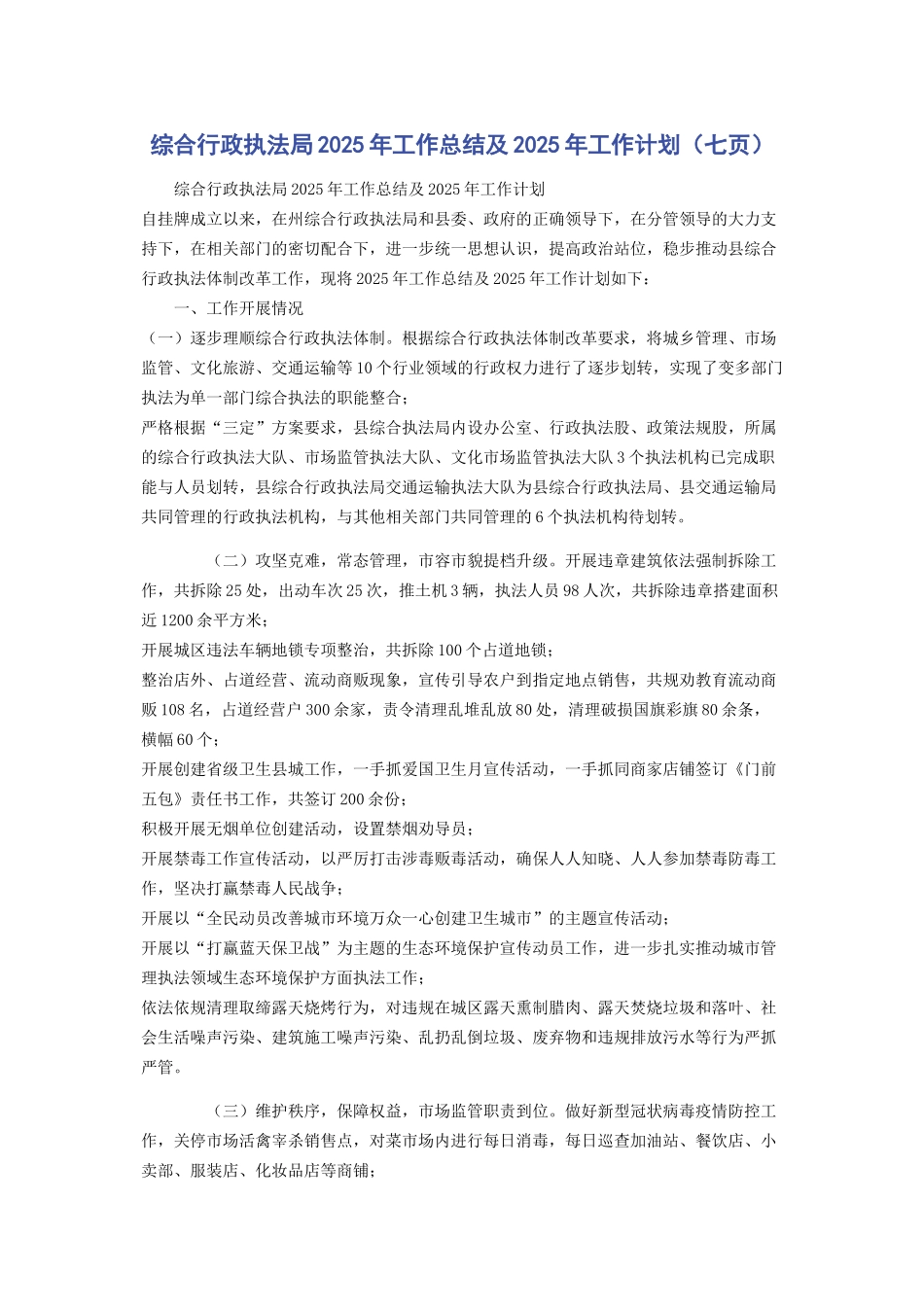 综合行政执法局2025年工作总结及2025年工作计划（七页）_第1页