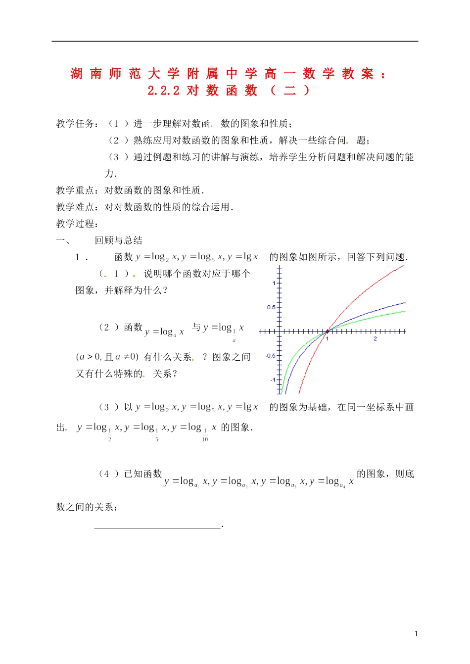 湖南师范大学附属中学高一数学 2.2.2对数函数（二）教案_第1页