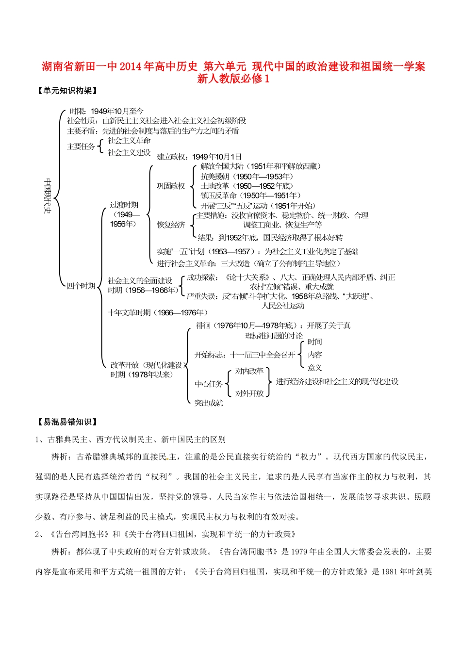 湖南省新田一中2014年高中历史 第六单元 现代中国的政治建设和祖国统一学案 新人教版必修1_第1页