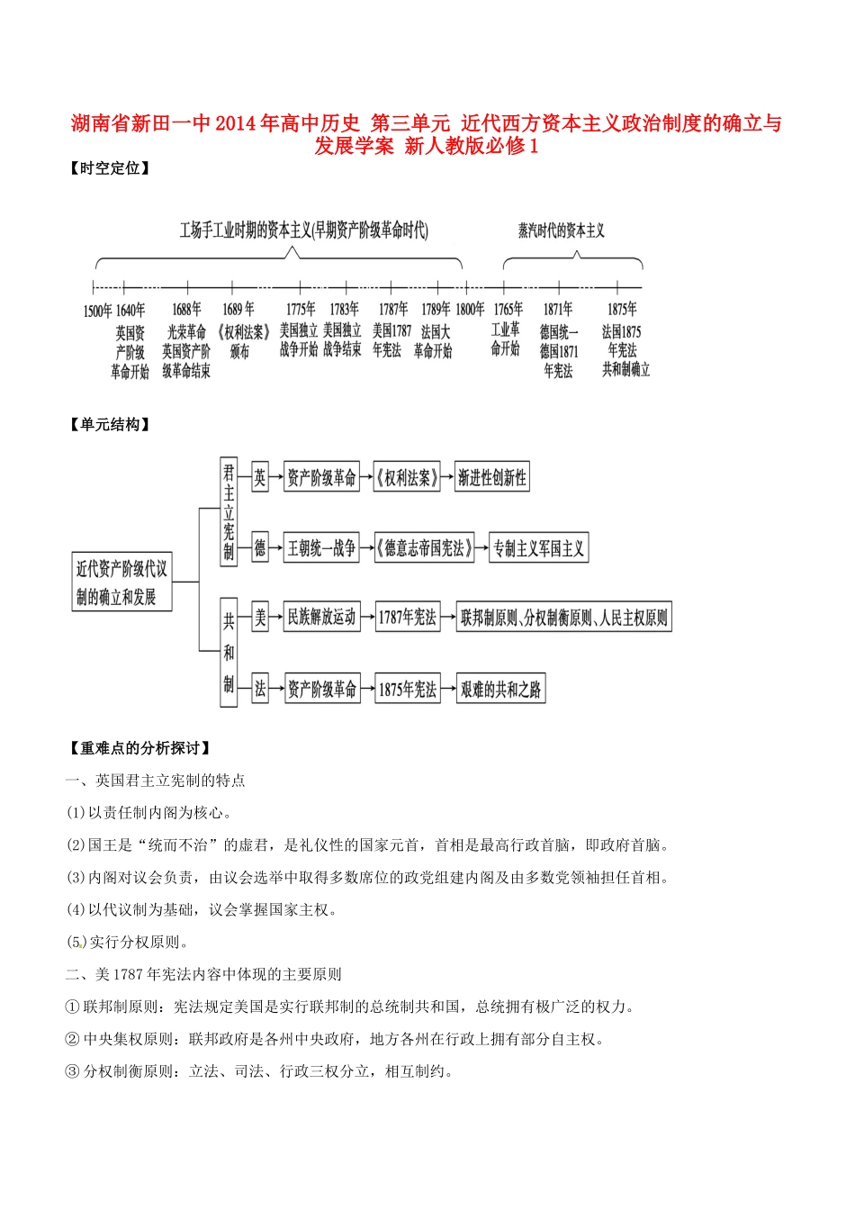 湖南省新田一中2014年高中历史 第三单元 近代西方资本主义政治制度的确立与发展学案 新人教版必修1_第1页