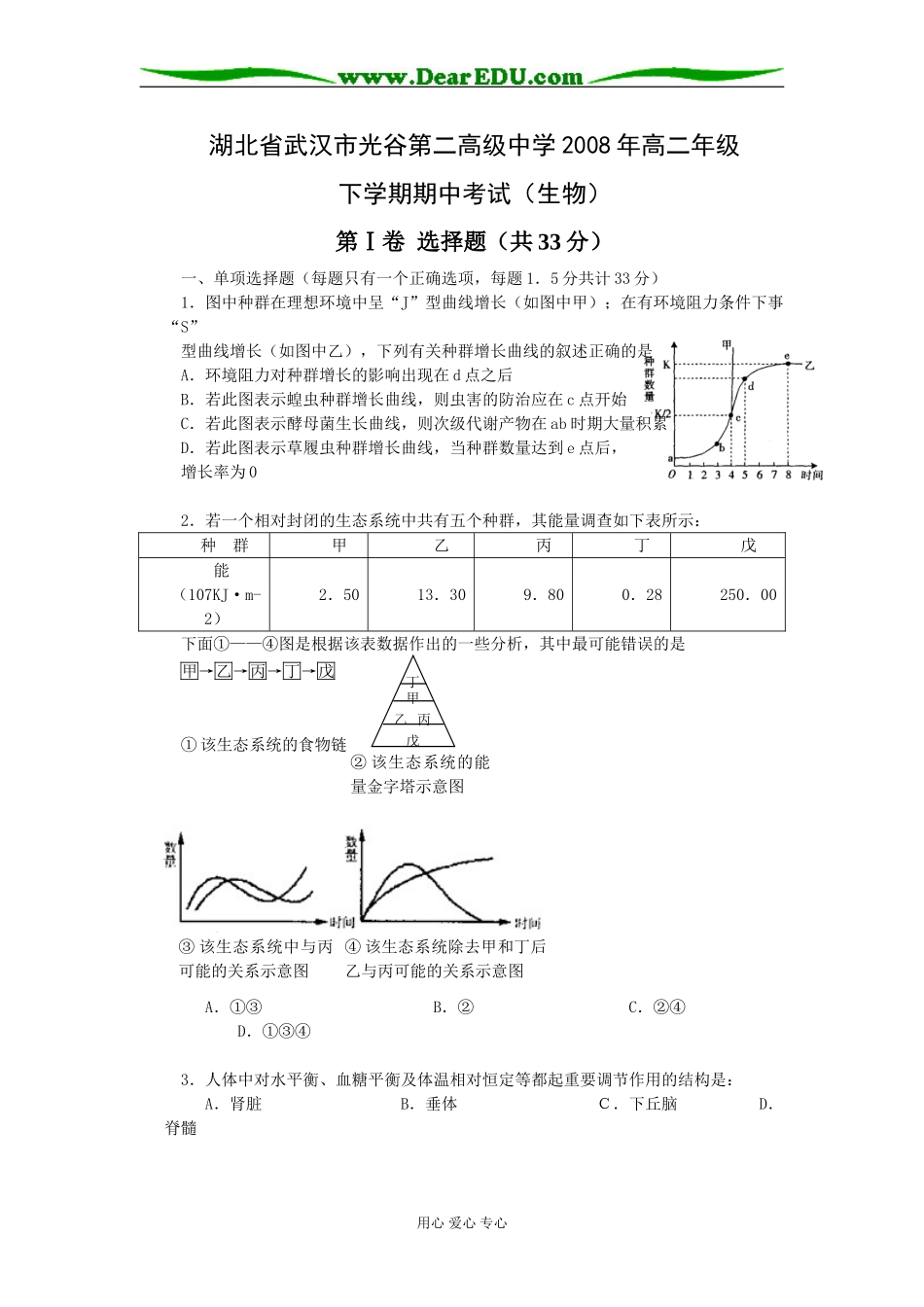 湖北省武汉市光谷第二高级中学2008年高二生物下学期期中考试_第1页