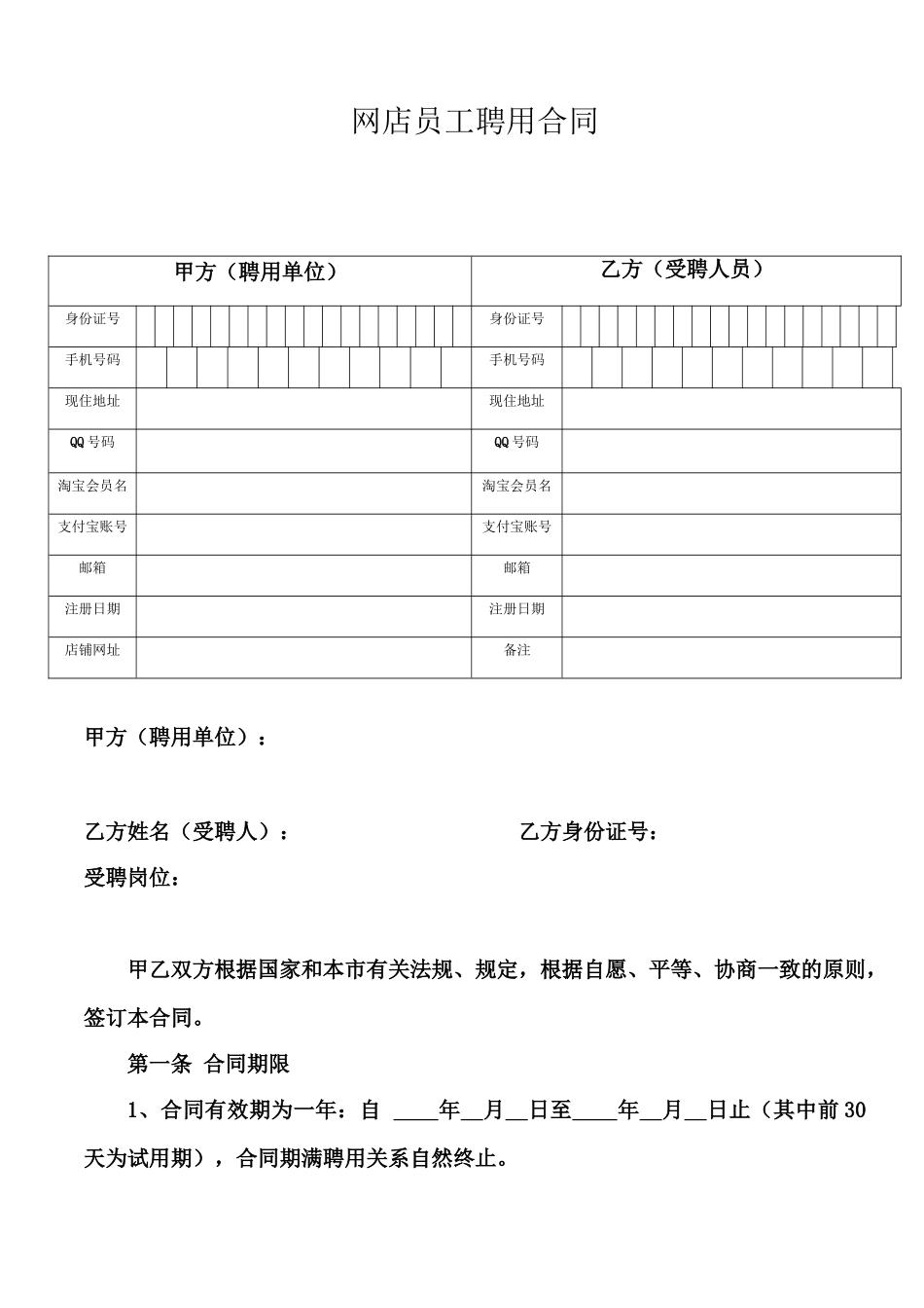 网店员工聘用合同(模板)_第1页