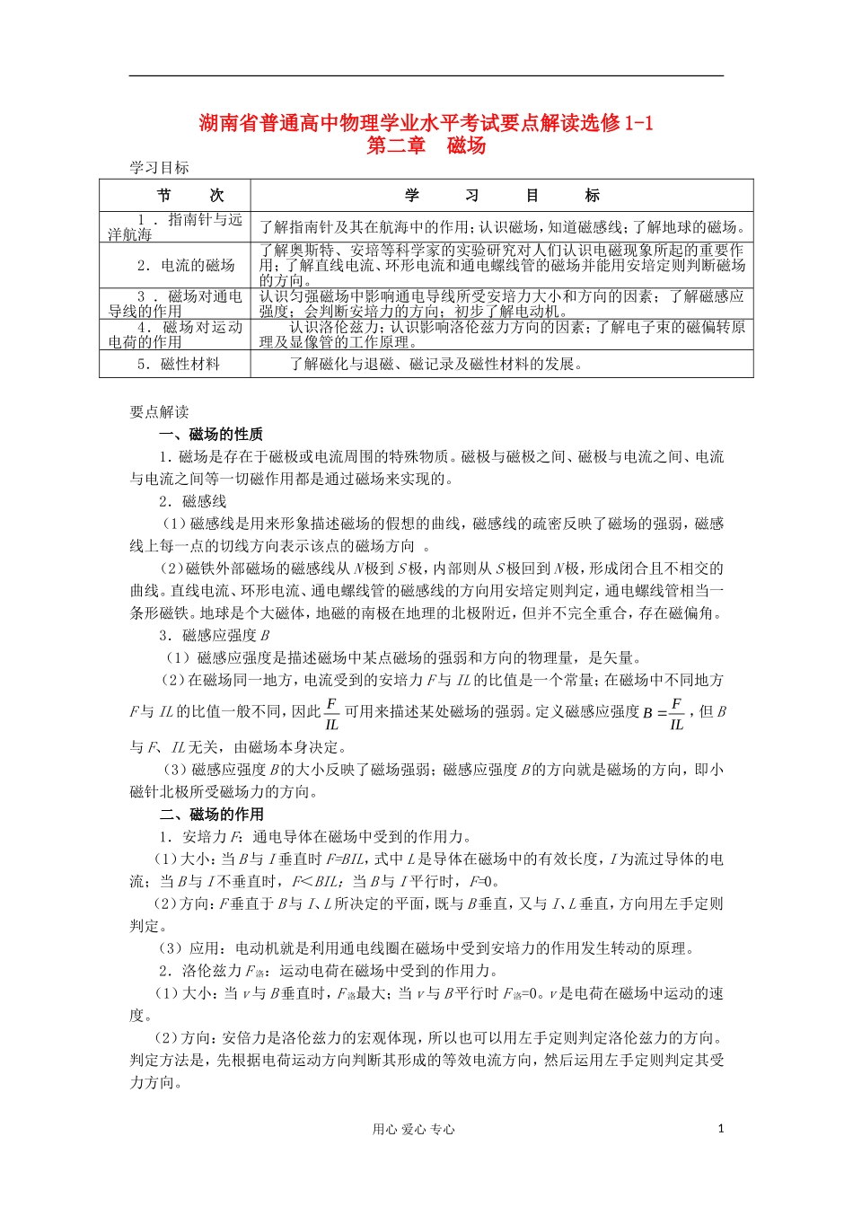 湖南省普通高中高中物理 学业水平考试要点解读与检测：第2章 磁场 选修1-1_第1页
