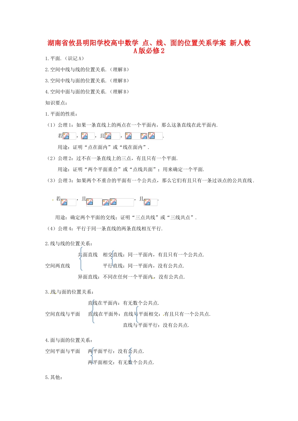 湖南省攸县明阳学校高中数学 点、线、面的位置关系学案 新人教A版必修2_第1页